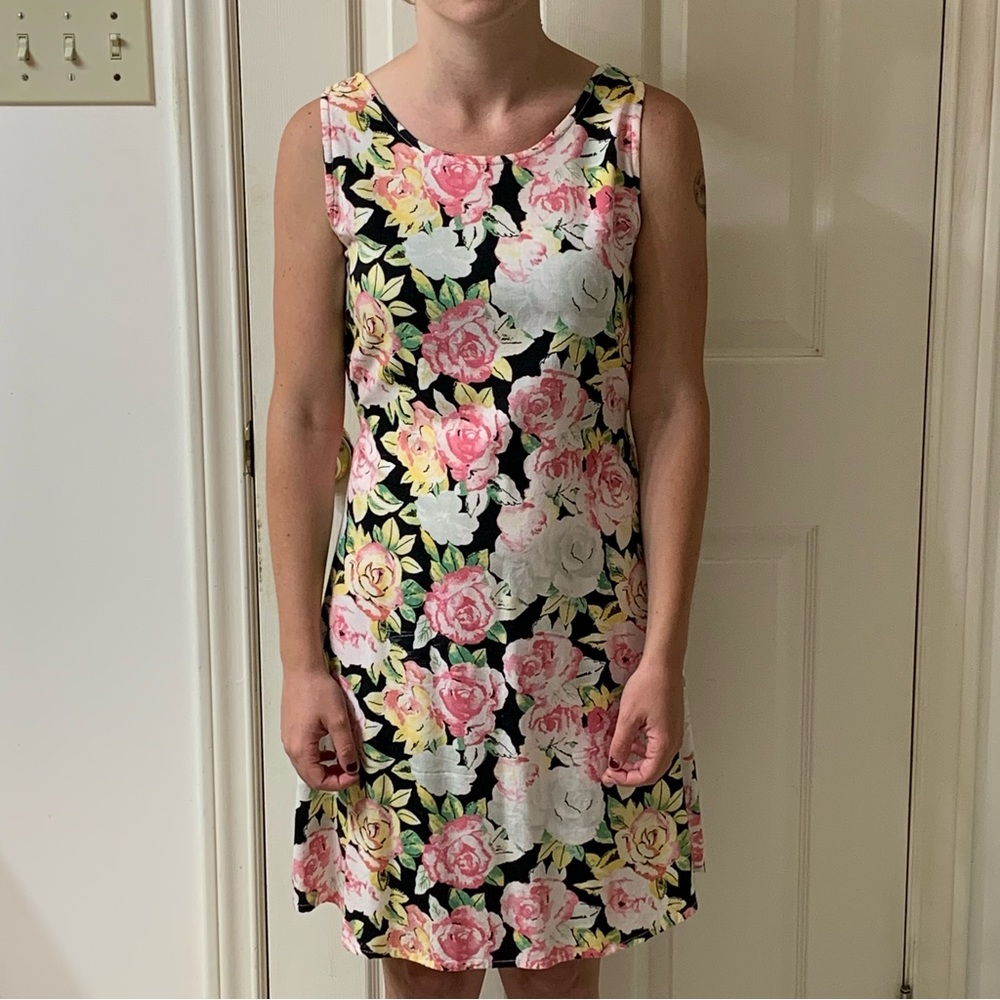 🌷3 for$25🌷Uno, US S, Pink & Black Floral Sleeveless Tie Back Sundress